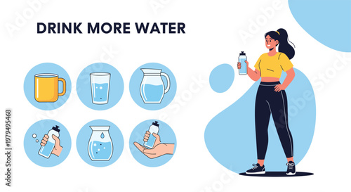 Healthy lifestyle infographic about hydration with woman holding water bottle and various containers for daily wellness routine.