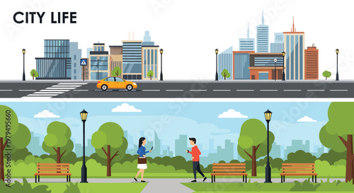 Dual scene illustration of busy city street with traffic and peaceful green public park for urban lifestyle comparison.