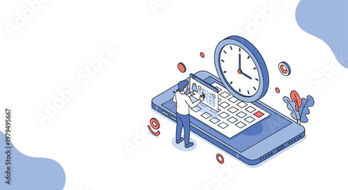 Man managing his schedule on giant smartphone calendar with large clock background for efficient time management and planning.