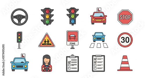 Driving School Icons and Symbols for Learning to Drive.