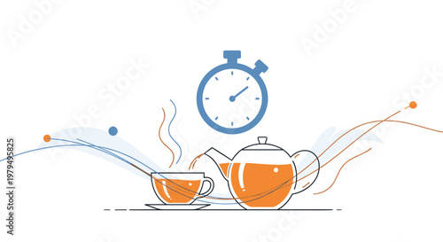 Teapot pouring hot tea into cup with stopwatch icon for perfect steeping time and relaxing morning beverage ritual at home.