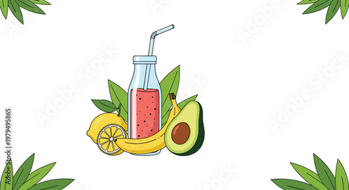 Healthy fruit smoothie in bottle surrounded by lemon banana avocado and green leaves for daily nutrition and detox routine.