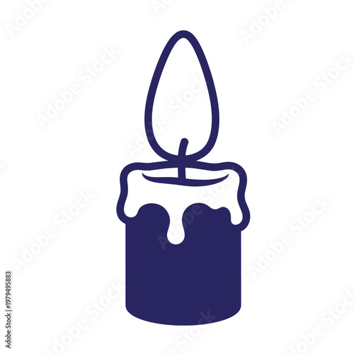 Dark blue of a lit candle with melting wax dripping down the sides, isolated on a white background, flat symbol of a burning taper