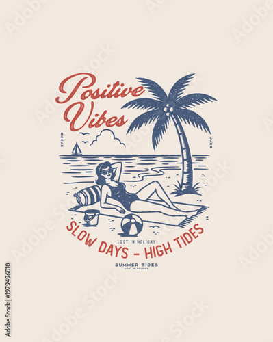 Woman relaxing on beach with palm tree and ocean.