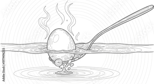 Detailed cross hatch illustration of egg being poached in boiling water on spoon for breakfast preparation in kitchen.