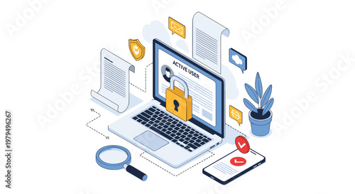 Cybersecurity and data protection concept with locked laptop and digital verification tools for secure online business work.