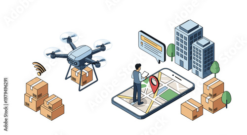 Modern delivery service concept with drone carrying package and tracking on smartphone map for e-commerce logistics innovation.