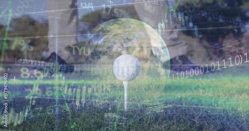 Animation of globe, statistics and data processing over legs of male golf player with golf ball