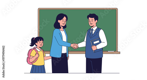 Female teacher shaking hands with male colleague in classroom with school girl for education partnership and parent meeting.
