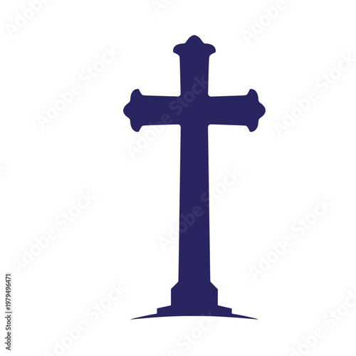 Dark blue silhouette of a christian cross with decorative flared ends, isolated on a plain white background