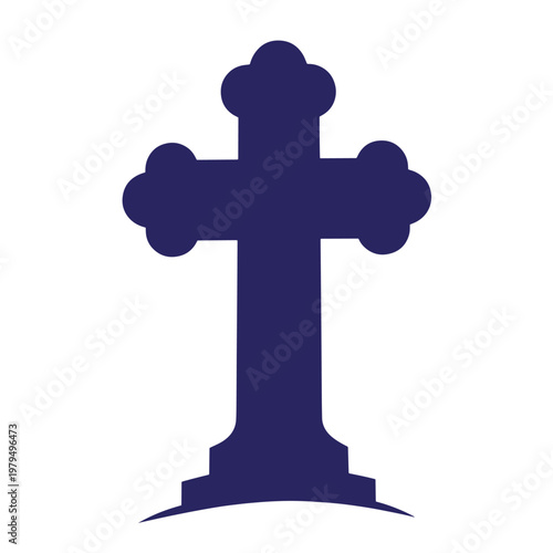 Dark blue silhouette of a christian cross with trefoil ends, featuring a stepped base on a curved ground line, isolated on a white background