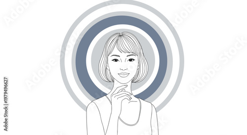 Elegant line art illustration of a young woman smiling confidently with a stylish bob haircut against a circular gradient background.