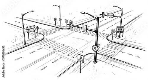 Detailed sketch of a busy urban intersection with traffic lights and crosswalks.