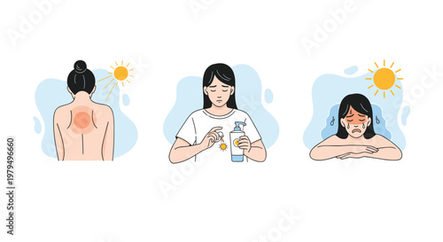 Helpful guide showing steps for sun protection including treating sunburn, applying sunscreen lotion, and seeking shade during summer.