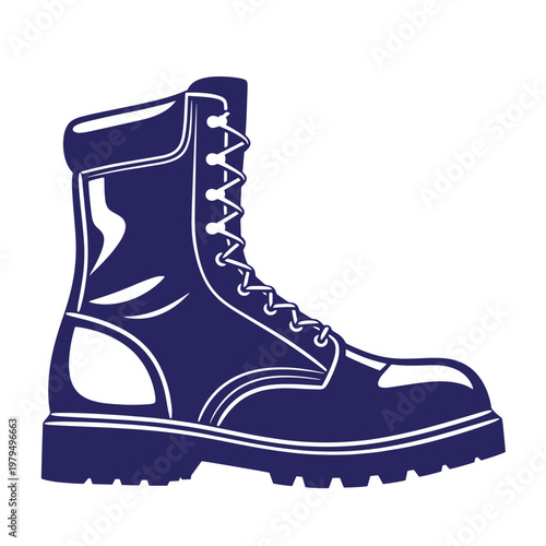Dark blue silhouette of a high-top military combat boot with lace-up closure, thick lug sole, and reinforced toe cap, isolated on a white background