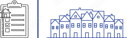 Real estate inspection checklist with house icon and neighborhood row houses vector illustration for property management