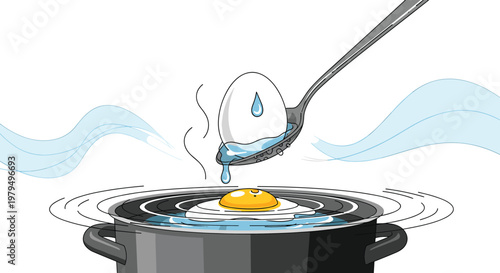 Detailed drawing of a fresh poached egg being carefully lifted from a pot of boiling water using a professional metal slotted spoon.