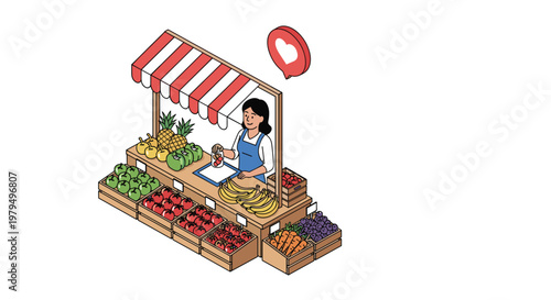 Friendly merchant selling fresh organic produce including bananas, apples, and pineapples at a colorful isometric outdoor market stall.