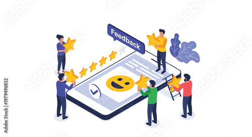 Group of people providing digital feedback and ratings with gold stars on a large smartphone interface for customer service improvement.