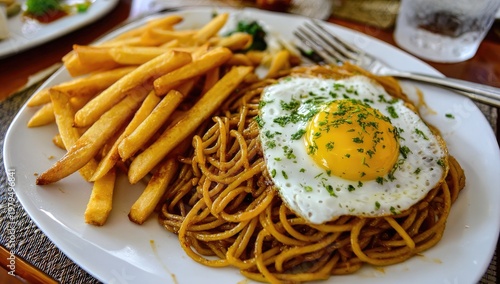 Plate of spaghetti with fried egg and fries