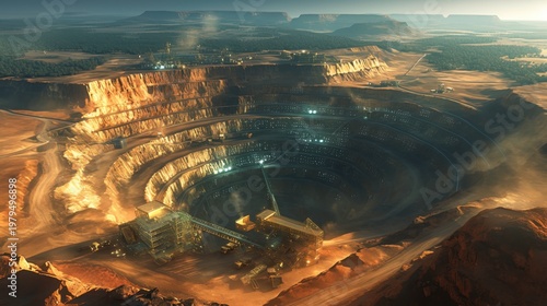 Aerial View of Open-Pit Mine in Desert Landscape at Dusk