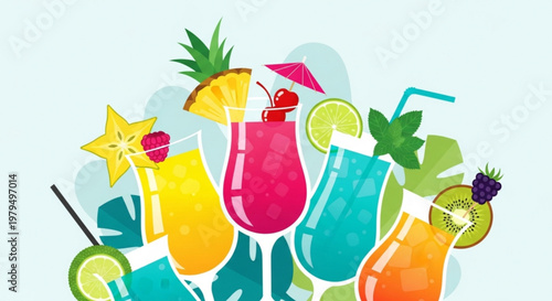 Colorful cocktails with umbrellas and fruit garnishes on a light blue background with tropical leaves