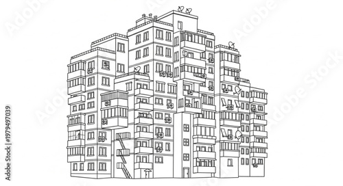 Detailed Sketch of a Large Apartment Building.