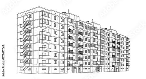 Detailed Sketch of a Large Soviet Era Apartment Building.