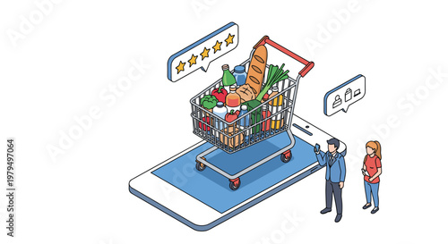 Customers using a mobile application to order a full cart of groceries and fresh produce for convenient home delivery service at home.