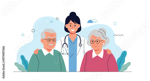 Kind female doctor in a white coat standing with a happy elderly couple to provide medical support and healthcare services for seniors.
