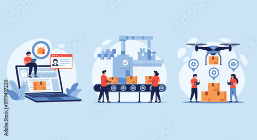 Modern logistics workflow showing online ordering, automated conveyor belt packaging, and efficient drone delivery for e-commerce business.