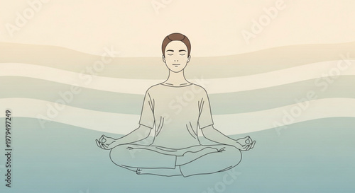 Serene person meditating in lotus position with eyes closed in peaceful outdoor setting with wavy hills