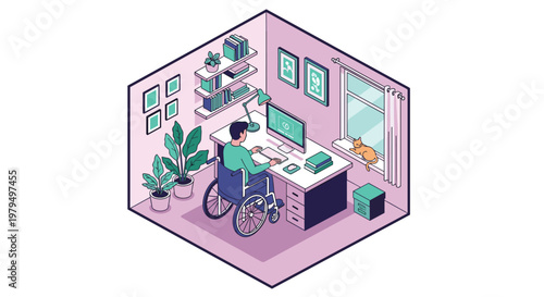 Professional man in a wheelchair working efficiently at his computer desk in a bright and accessible home office environment with plants.