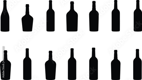 Silhouetted wine bottles arrangement a minimalist composition of dark glassware against a white background