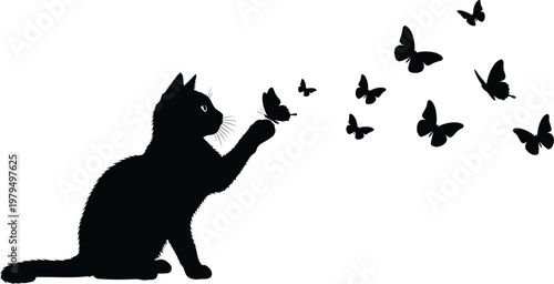 A silhouette of a curious cat reaching for a flutter of dark butterflies in a minimalist design