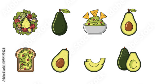 Assorted icons of healthy avocado dishes including salad, toast, guacamole with chips, and fresh fruit slices for a nutritious lifestyle.