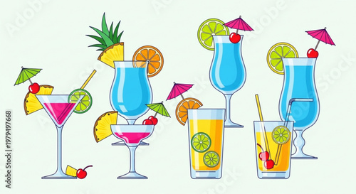 Colorful cocktails with fruit garnishes and umbrellas on a white background summer drinks