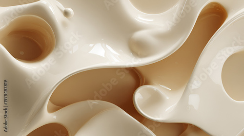 Abstract creamy liquid splash with swirling organic forms creating dynamic textured patterns, flowing beige and white fluid waves, depicting movement and smoothness