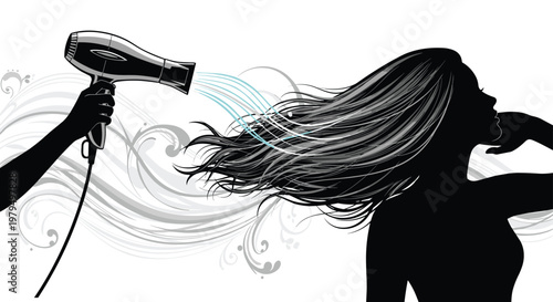 Silhouette of a woman with long hair using a blow dryer to style her tresses with flowing air and artistic floral patterns in background.
