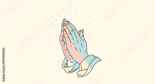 Praying hands with clasped fingers and glowing aura symbolizing faith and spirituality in a serene minimalist illustration