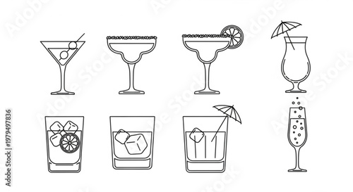 Variety of cocktail glasses with garnishes and umbrellas black line art on white background