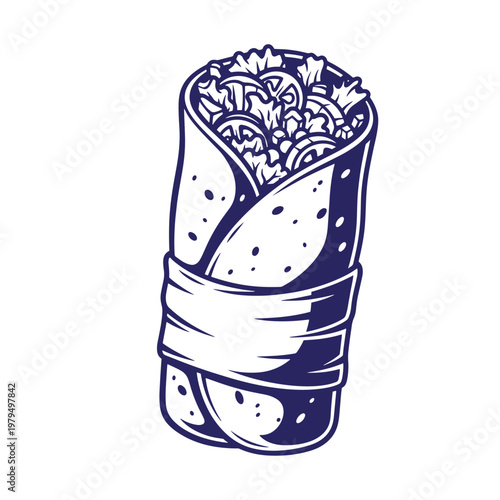 Of a wrapped burrito with filling, navy blue and white food