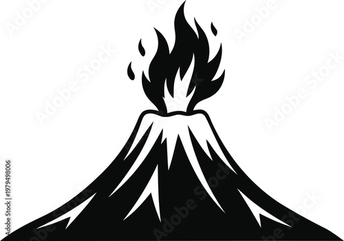 A stark black and white illustration depicts a volcanic eruption showcasing the raw power and destructive beauty of nature's forces