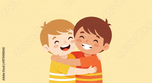 Two happy boys hugging each other with smiling faces and rosy cheeks on a yellow background