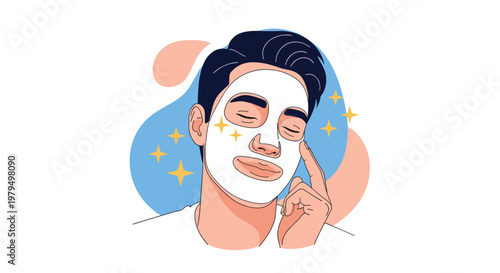 Handsome young man applying a moisturizing white sheet mask to his face as part of a modern masculine grooming and skincare routine at home.