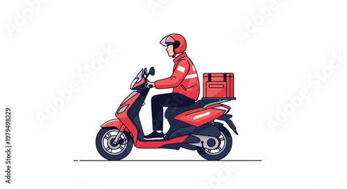 Red delivery scooter vector illustration, courier riding motorbike with thermal food box, professional express shipping service mascot, fast transport logistics character isolated PNG with