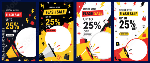 Vibrant sale banners with discounts and confetti displayed on colorful backgrounds