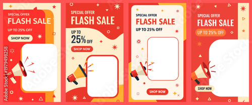 Vibrant flash sale banners with megaphones announce discounts on various products in a festive environment.