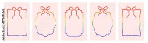Pride Month rainbow frames set with whimsical lines, bows, ribbons in a trendy hand-drawn doodle style. Vector design for decorating party invitations, social media banners, web, posters, and placards