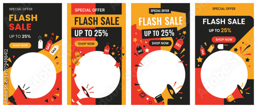 Four colorful flash sale banners with discounts are displayed on a white background for marketing purposes.